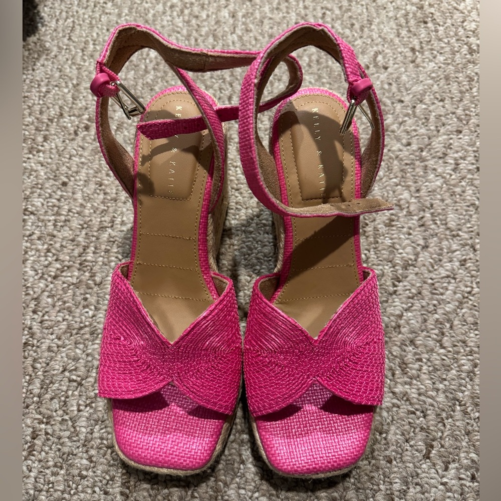 KELLY & KATIE Bright Pink Woven Ankle-Strap 3.5” Wedge Sandals NWOB
